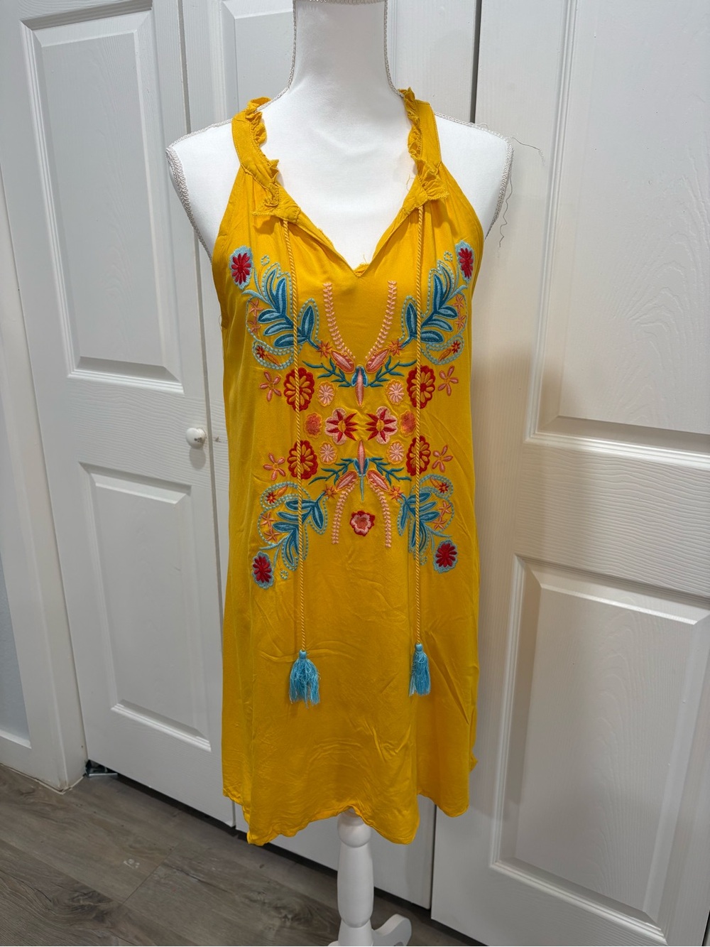 Yellow Embroidered Halter Mini Dress with Blue Tassels